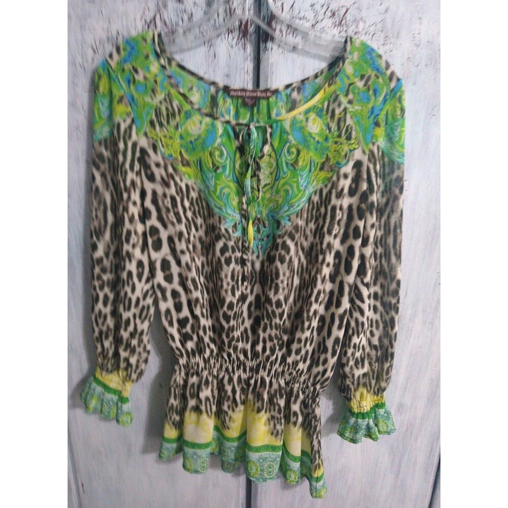 Mushka Sienna Rose Animal Print Floral Ruched Top Small Boho Peasant Cottagecore